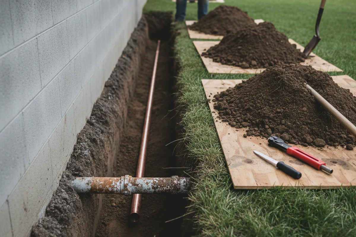Excavated water line trench during Sewer Line Repair in Banning
